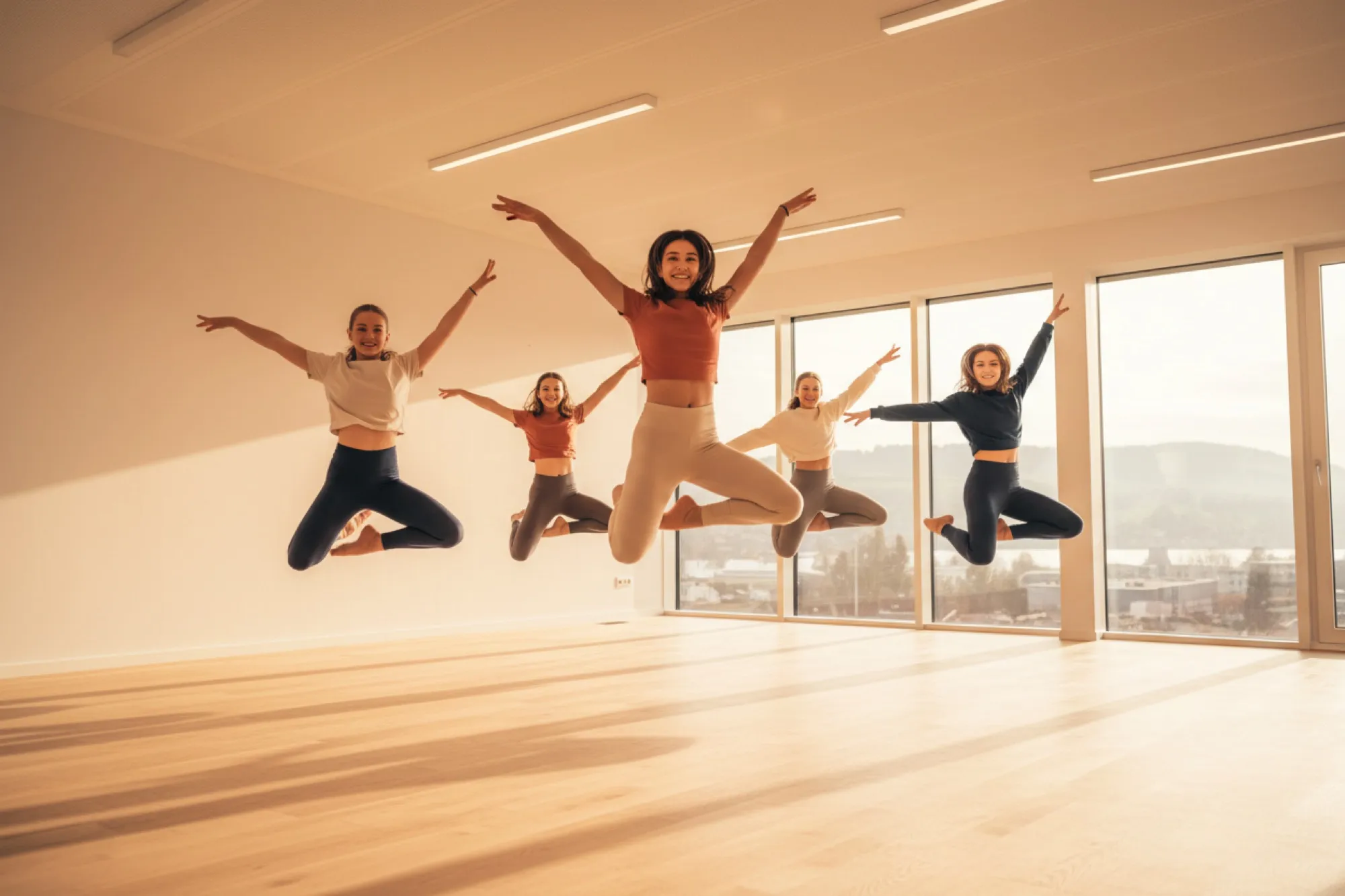 Dancers jumping in the studio